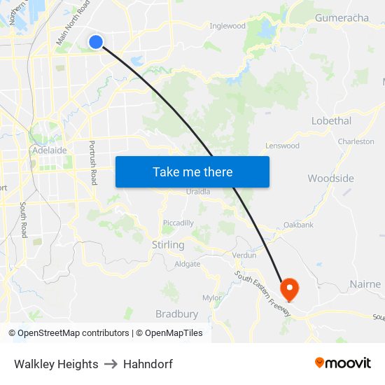 Walkley Heights to Hahndorf map