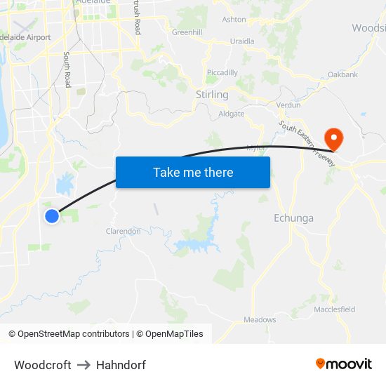 Woodcroft to Hahndorf map