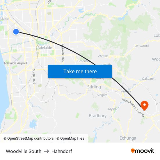 Woodville South to Hahndorf map