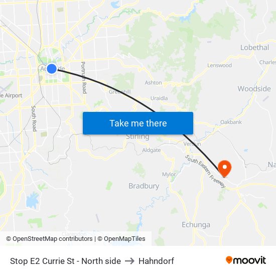 Stop E2 Currie St - North side to Hahndorf map