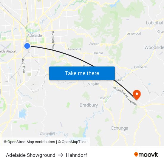 Adelaide Showground to Hahndorf map