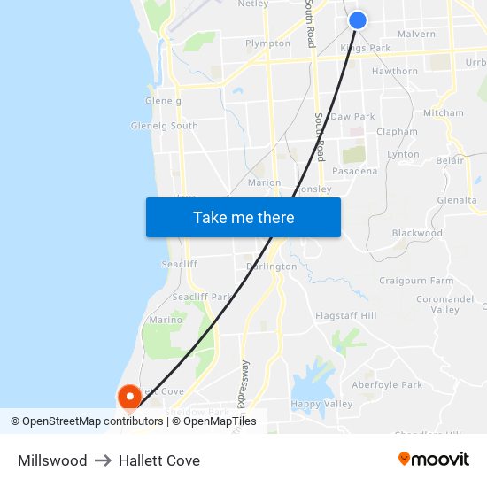 Millswood to Hallett Cove map