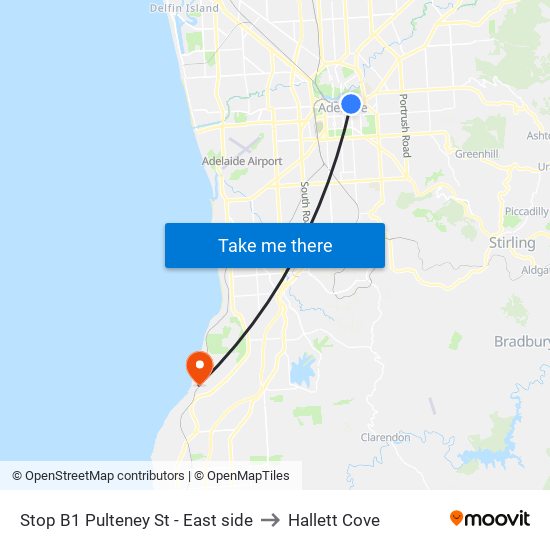 Stop B1 Pulteney St - East side to Hallett Cove map