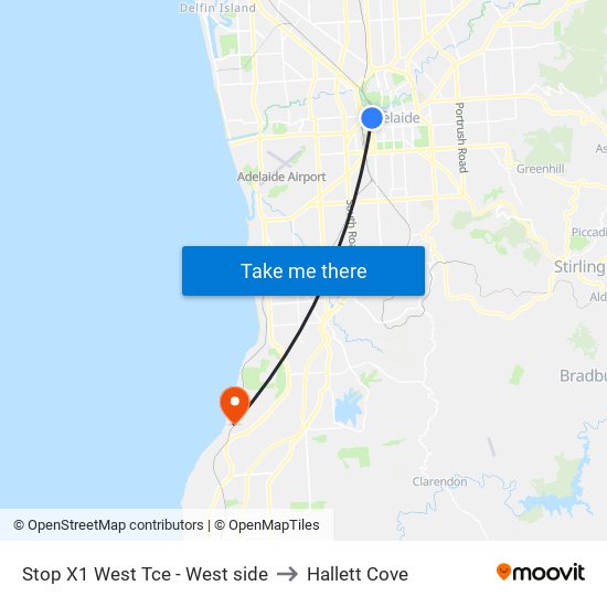 Stop X1 West Tce - West side to Hallett Cove map