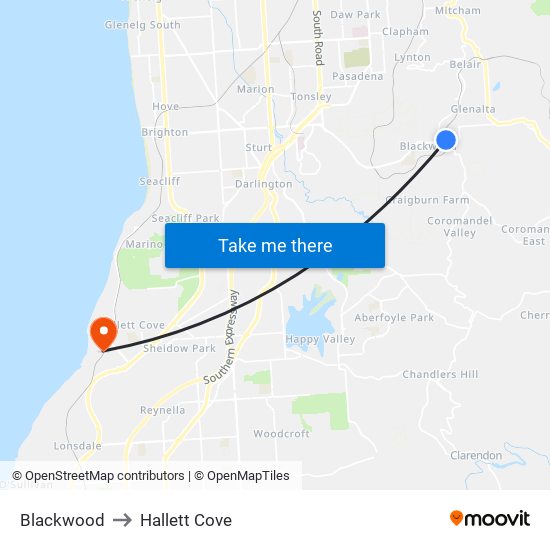 Blackwood to Hallett Cove map