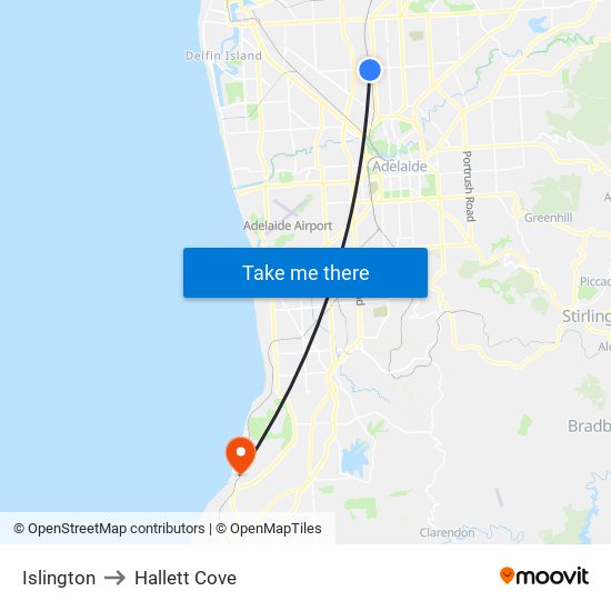 Islington to Hallett Cove map