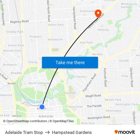 Adelaide Tram Stop to Hampstead Gardens map