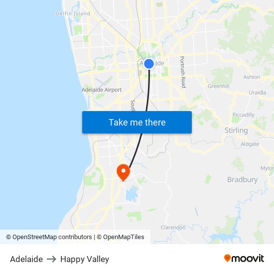 Adelaide to Happy Valley map