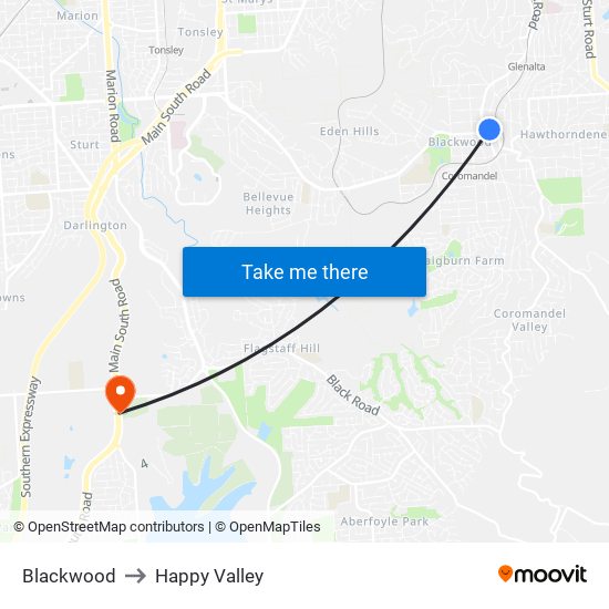 Blackwood to Happy Valley map