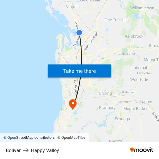 Bolivar to Happy Valley map