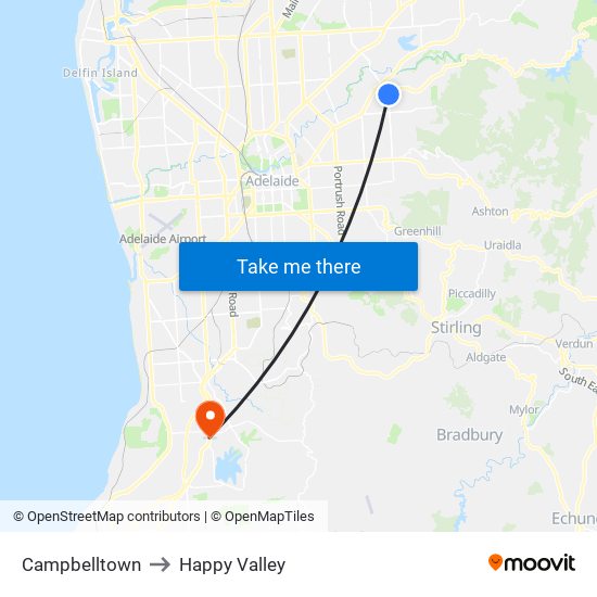 Campbelltown to Happy Valley map