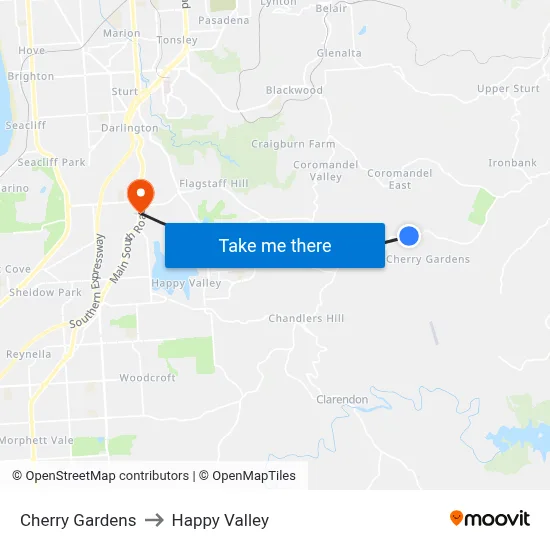 Cherry Gardens to Happy Valley map