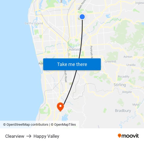 Clearview to Happy Valley map