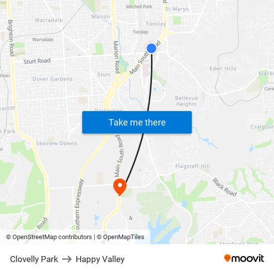 Clovelly Park to Happy Valley map