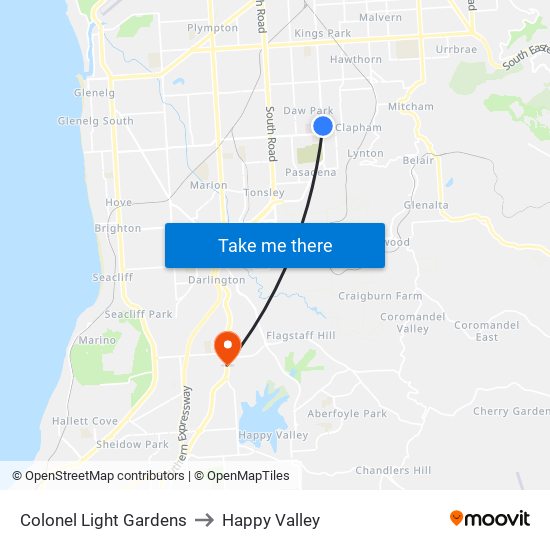 Colonel Light Gardens to Happy Valley map