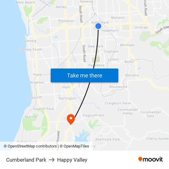 Cumberland Park to Happy Valley map