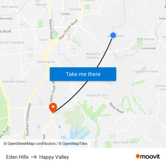 Eden Hills to Happy Valley map