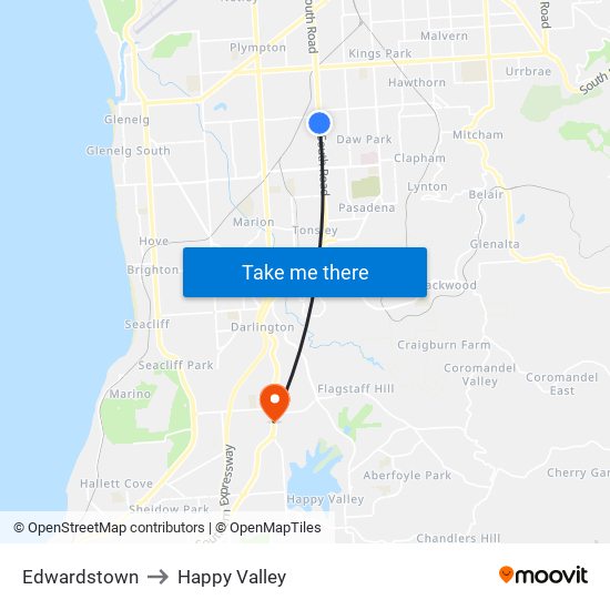 Edwardstown to Happy Valley map