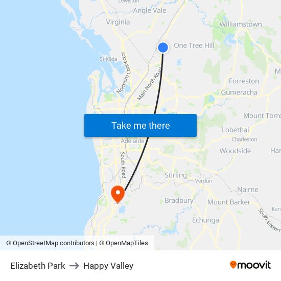 Elizabeth Park to Happy Valley map