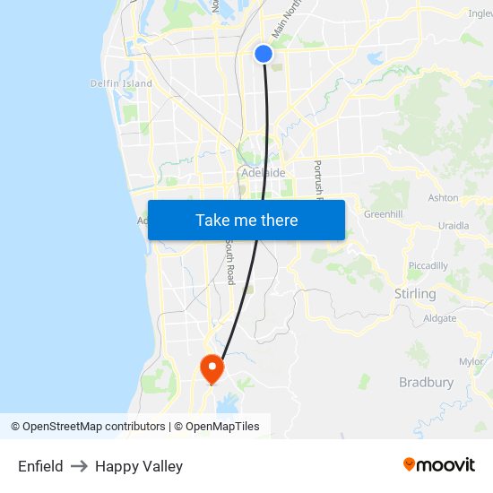 Enfield to Happy Valley map