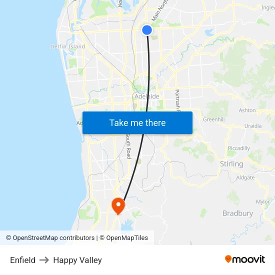 Enfield to Happy Valley map