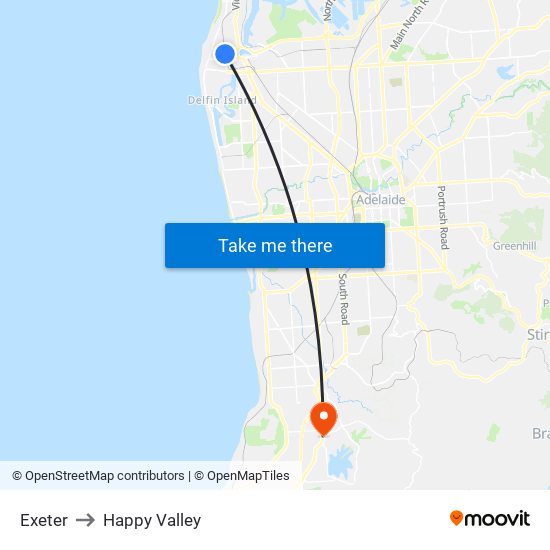 Exeter to Happy Valley map