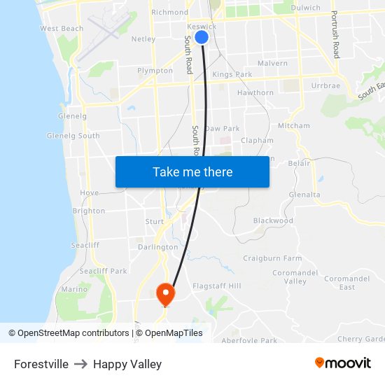 Forestville to Happy Valley map