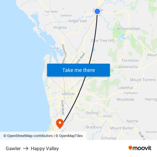Gawler to Happy Valley map