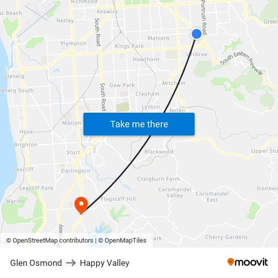 Glen Osmond to Happy Valley map