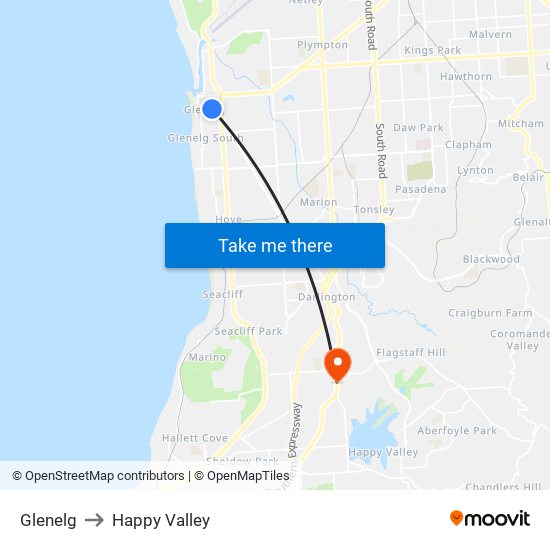 Glenelg to Happy Valley map