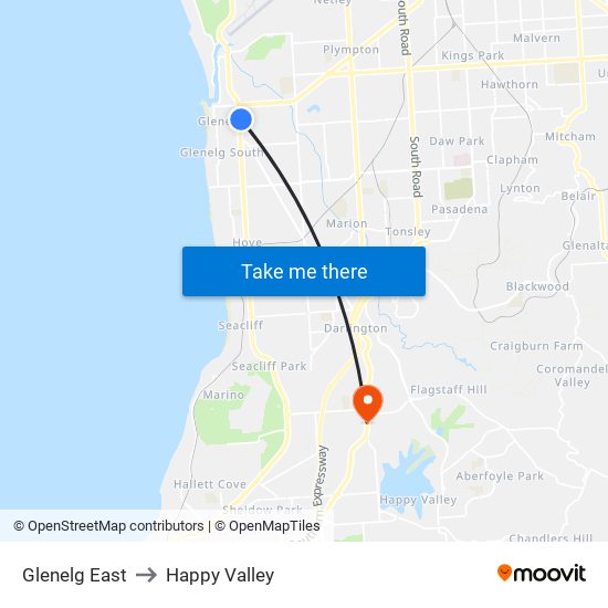 Glenelg East to Happy Valley map