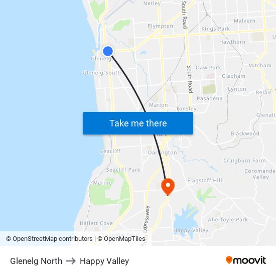 Glenelg North to Happy Valley map