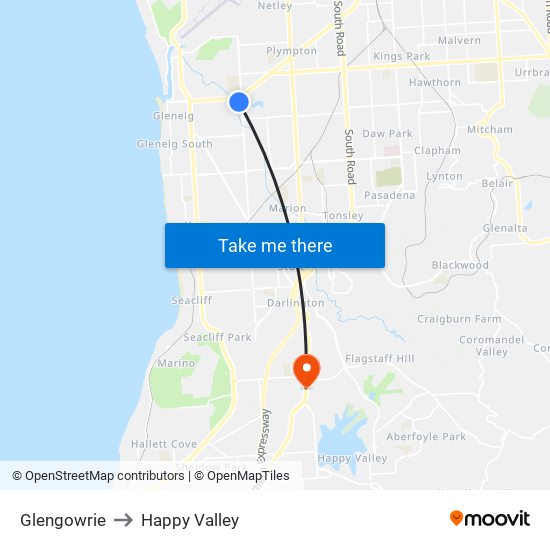 Glengowrie to Happy Valley map