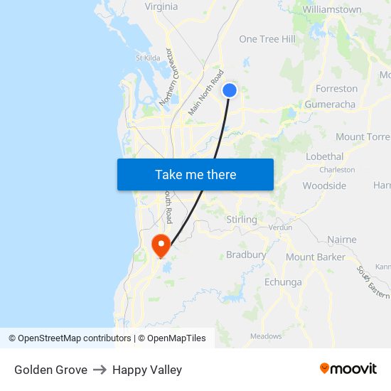 Golden Grove to Happy Valley map