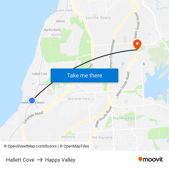 Hallett Cove to Happy Valley map