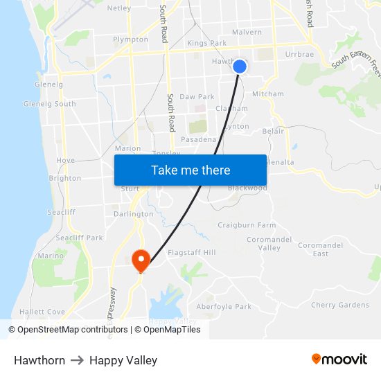 Hawthorn to Happy Valley map