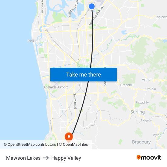 Mawson Lakes to Happy Valley map