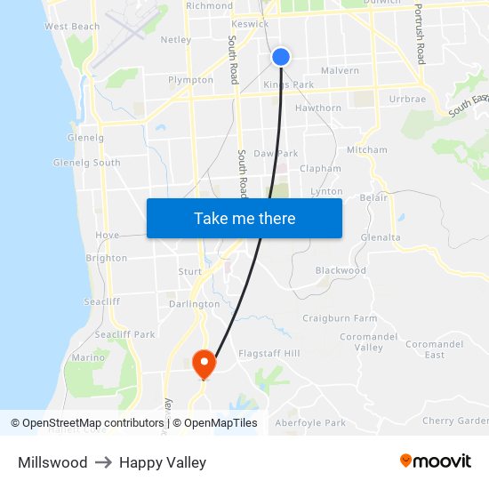 Millswood to Happy Valley map