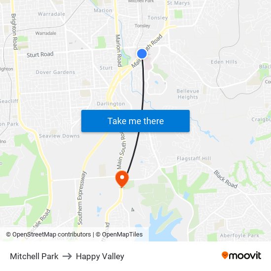 Mitchell Park to Happy Valley map