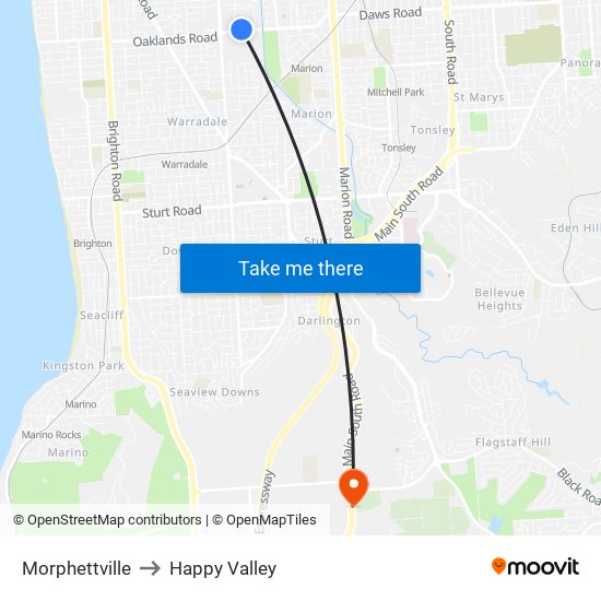 Morphettville to Happy Valley map