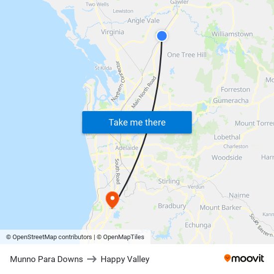 Munno Para Downs to Happy Valley map