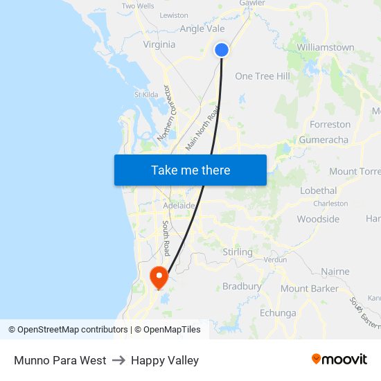 Munno Para West to Happy Valley map