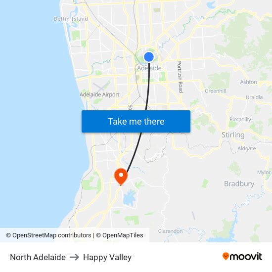 North Adelaide to Happy Valley map