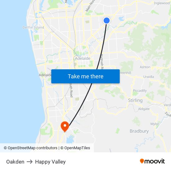 Oakden to Happy Valley map