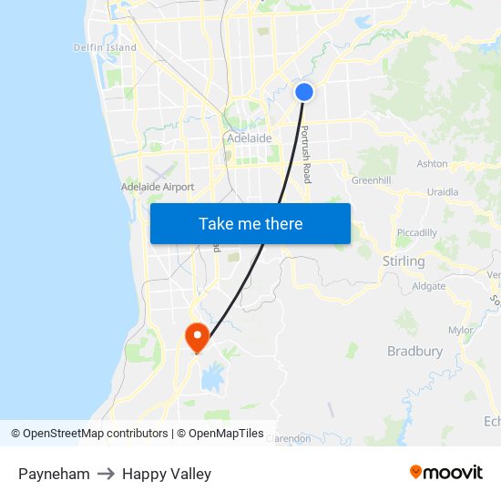 Payneham to Happy Valley map