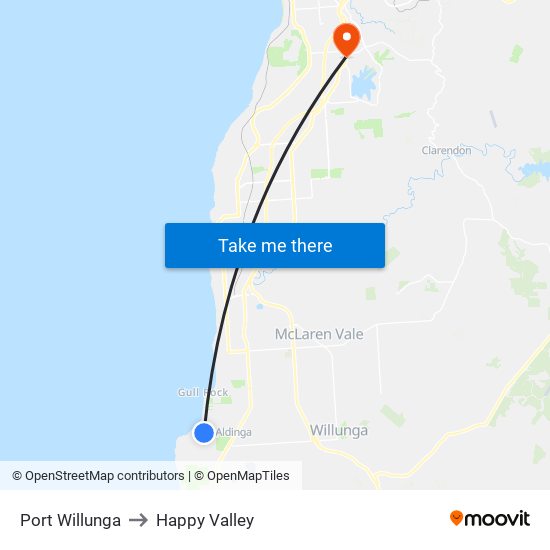 Port Willunga to Happy Valley map