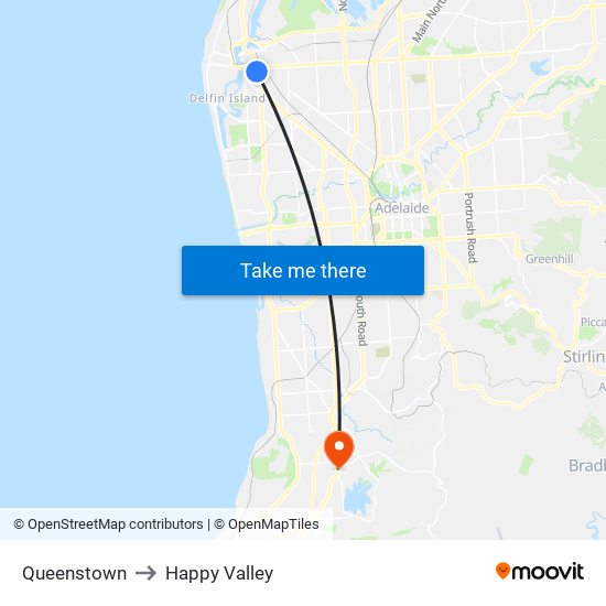 Queenstown to Happy Valley map