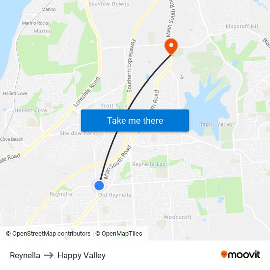 Reynella to Happy Valley map