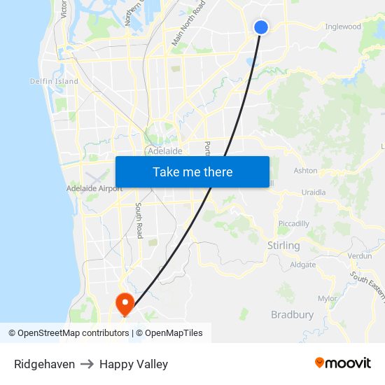 Ridgehaven to Happy Valley map