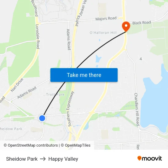 Sheidow Park to Happy Valley map